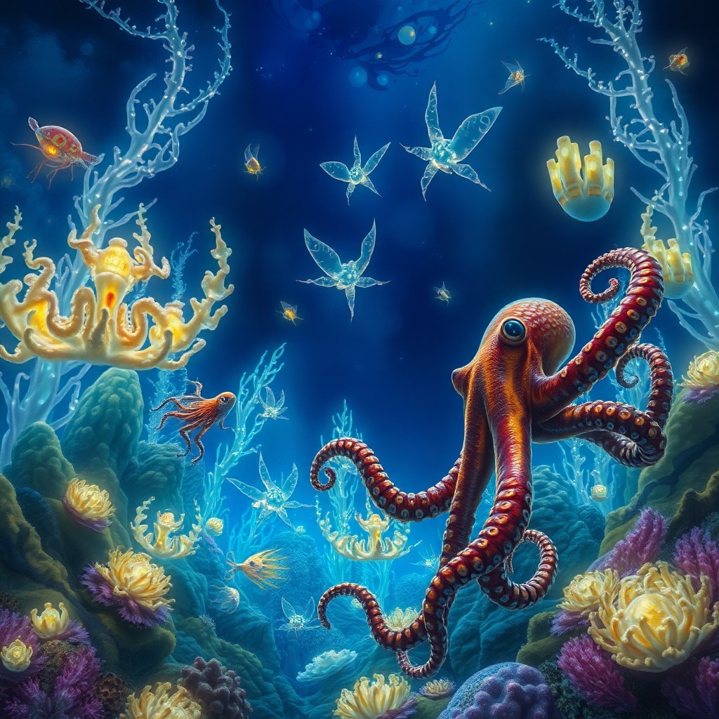 AI generated art for prompt: An enchanting underwater world unveils itself from the deep waters, where fantastical creatures grac