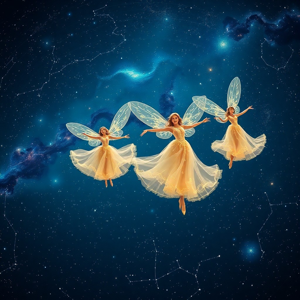 AI generated art for prompt: An enchanting portrayal of celestial dancers in motion against a cosmic backdrop, reminiscent of Stu