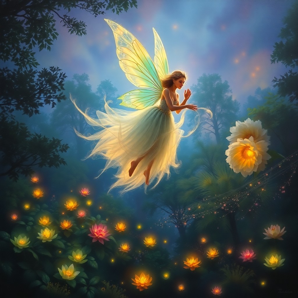 AI generated art for prompt: An enchanting oil painting depicting a whimsical fairy queen gracefully floating above a lush, mysti