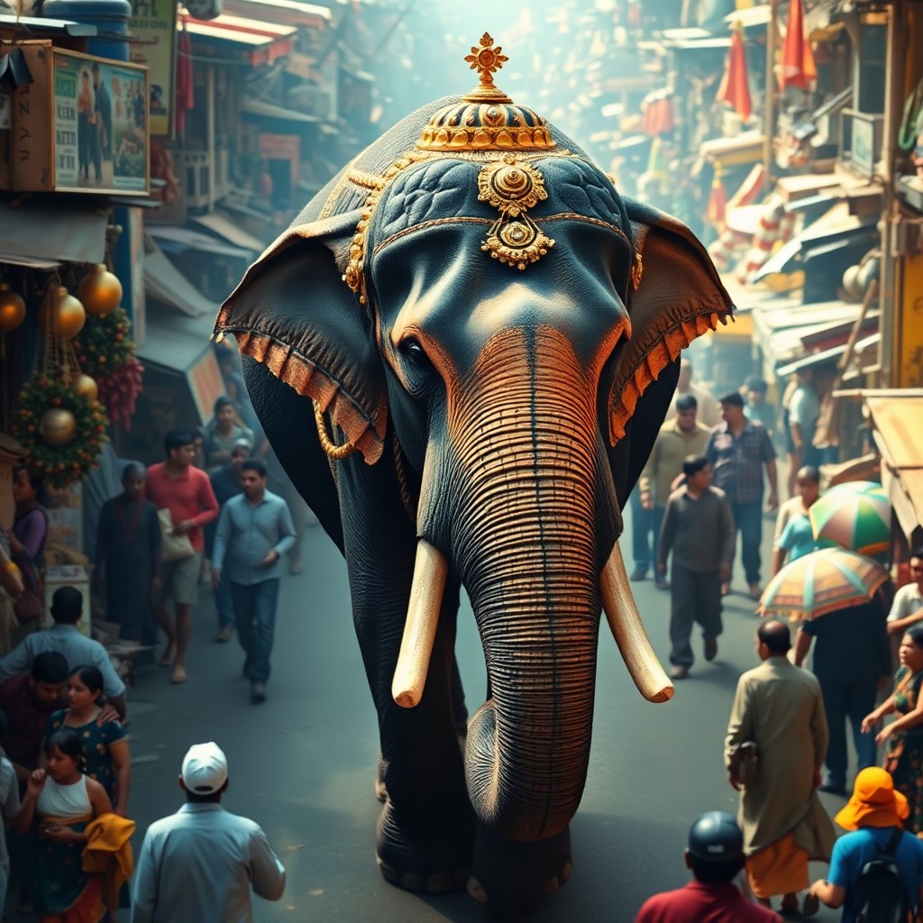 AI generated art for prompt: A majestic elephant adorned with intricate golden jewelry gracefully strolls through a bustling mark