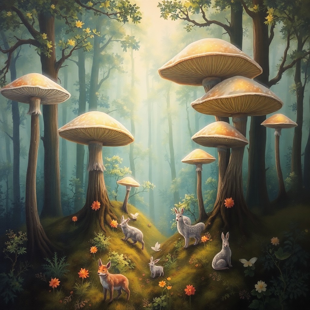 AI generated art for prompt: Imagine an aerial view oil painting capturing an enchanting forest scene with towering mushrooms boa