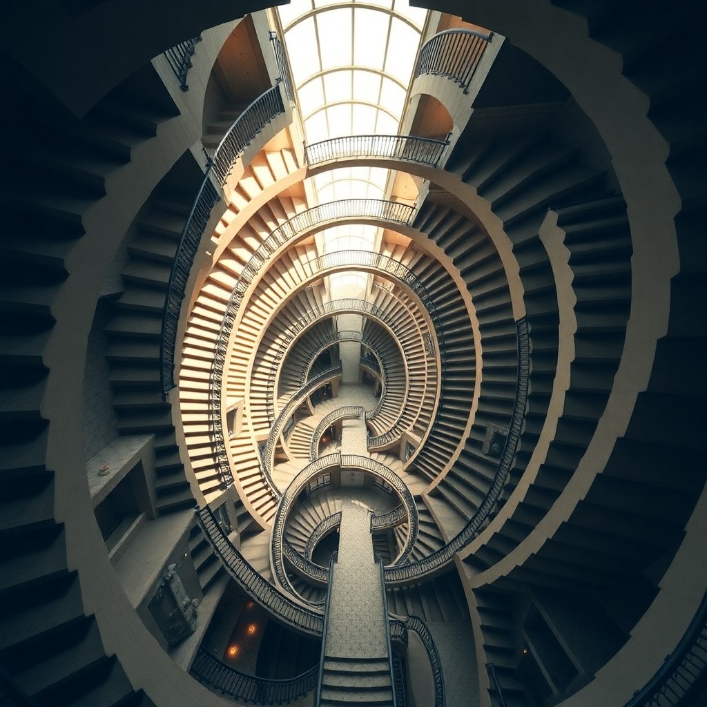 AI generated art for prompt: A digital artwork depicting an awe-inspiring staircase that spirals into infinity, characterized by 