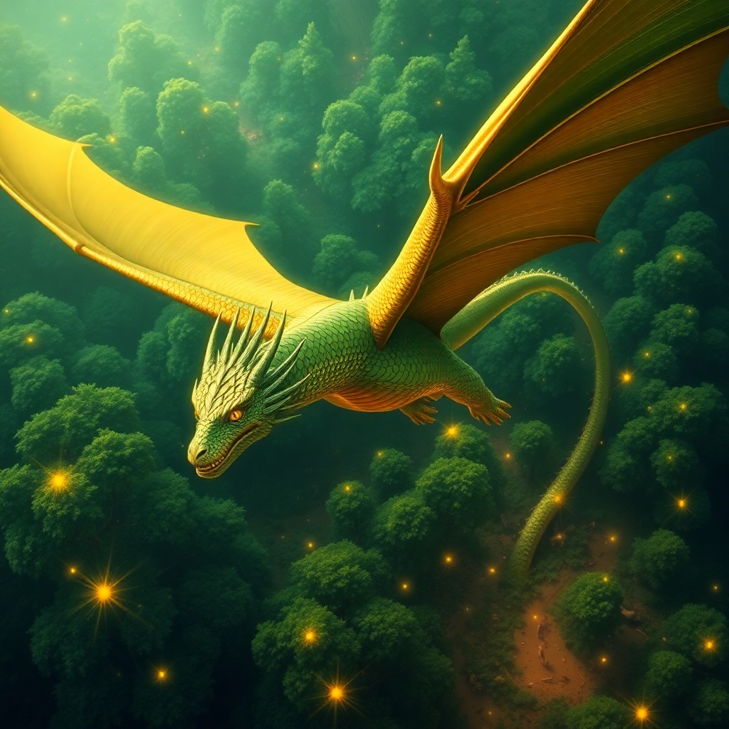 AI generated art for prompt: Envision an alluring digital artwork portraying a grand dragon majestically soaring above a verdant 