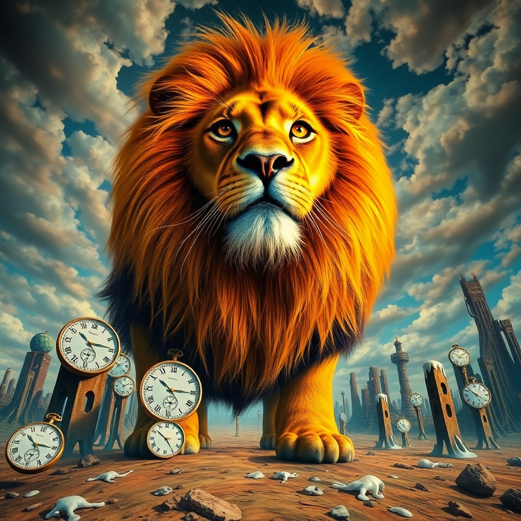 AI generated art for prompt: Craft an imaginative image in the surrealistic style of Dali's paintings, depicting a regal lion wit