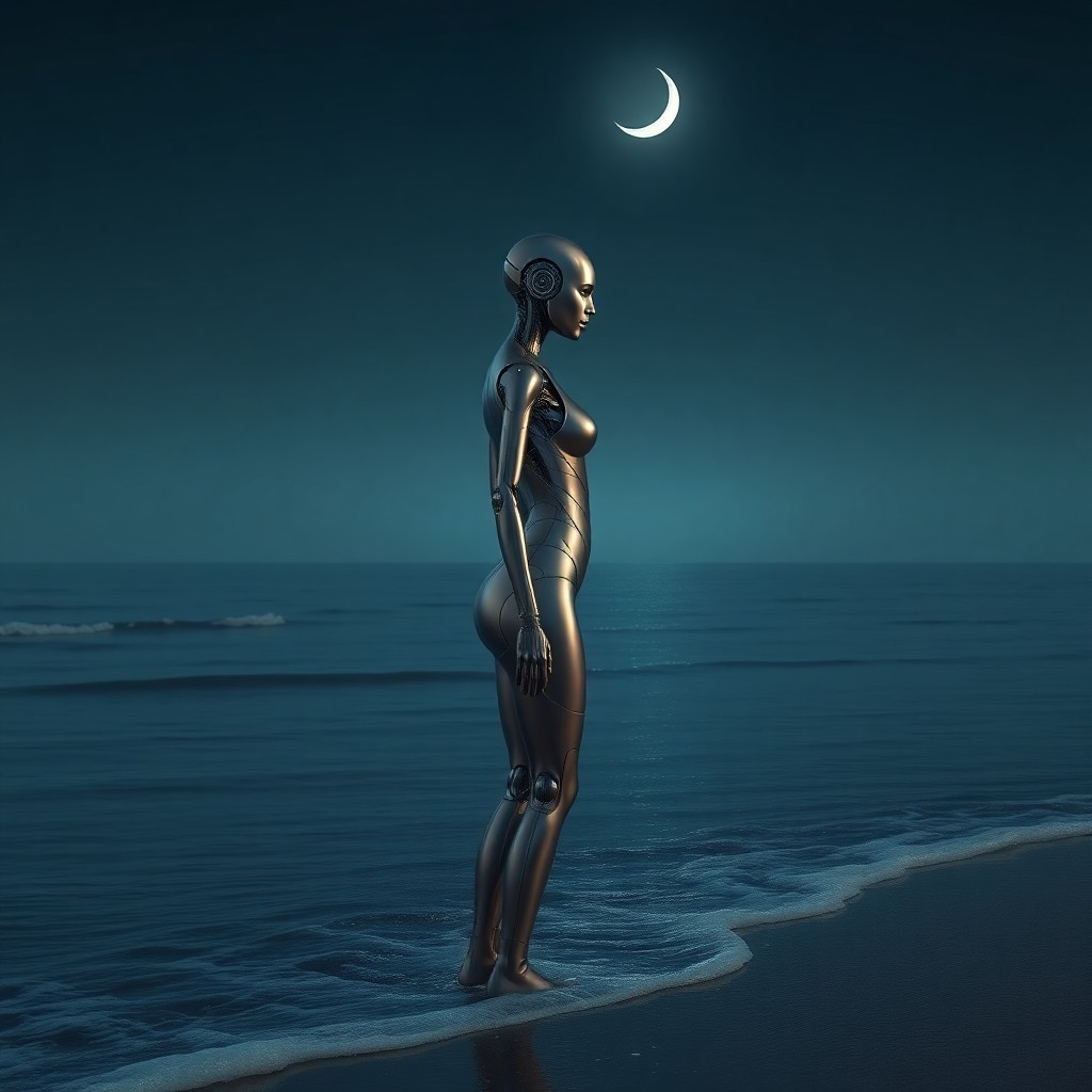 AI generated art for prompt: A tranquil moonlit night on an isolated beach captures the enigmatic essence of solitude in a world 