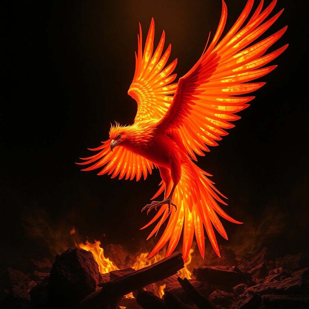 AI generated art for prompt: A resplendent phoenix emerges from the embers in a manner evoking Rembrandt's masterful use of light