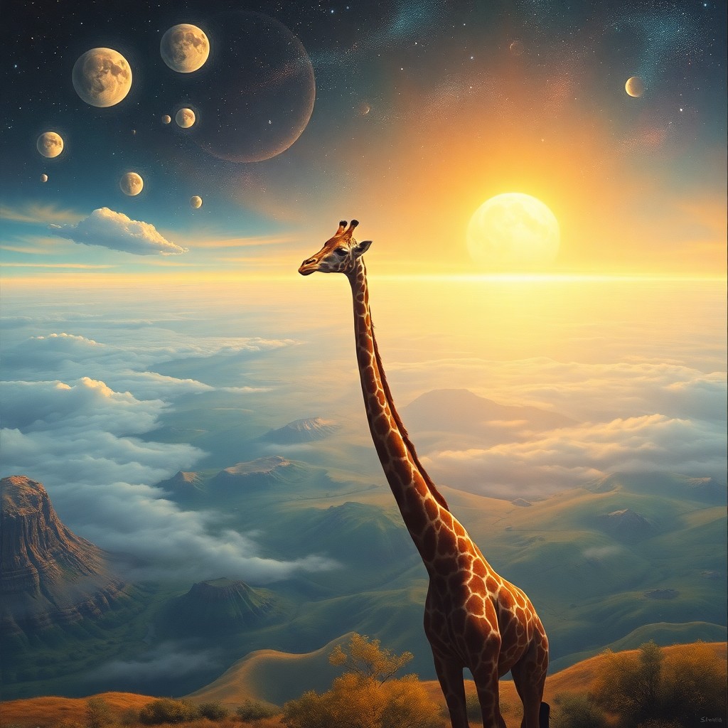 AI generated art for prompt: A surreal landscape painting showcasing an expansive, vivid world where a regal giraffe majestically