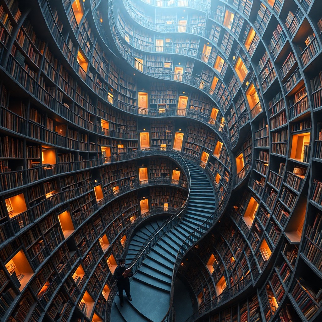 AI generated art for prompt: An elaborate digital artwork portrays a surreal library that spirals endlessly into the sky, reflect