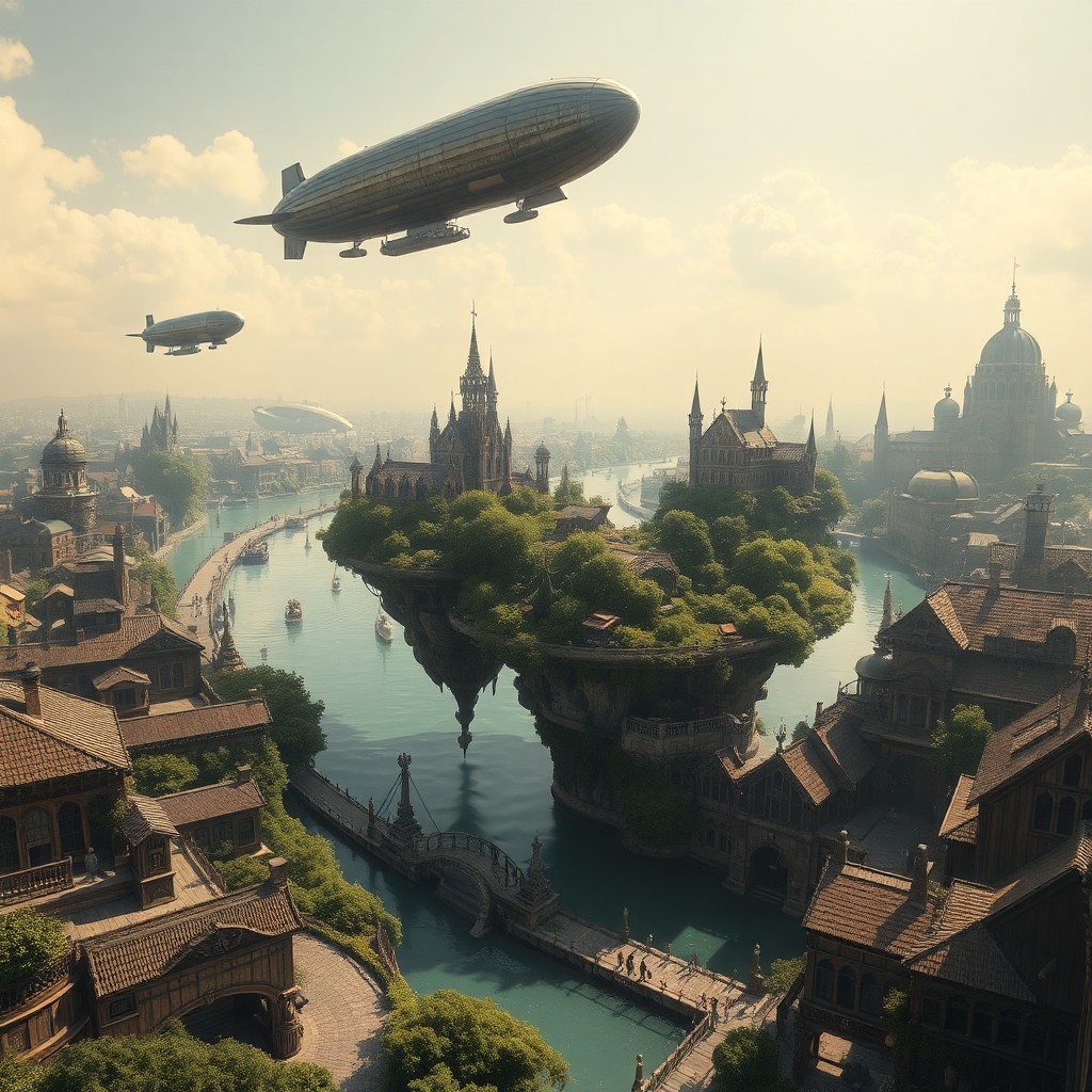 AI generated art for prompt: A surreal fusion of a Victorian-era steampunk cityscape with fantastical floating islands, this imag