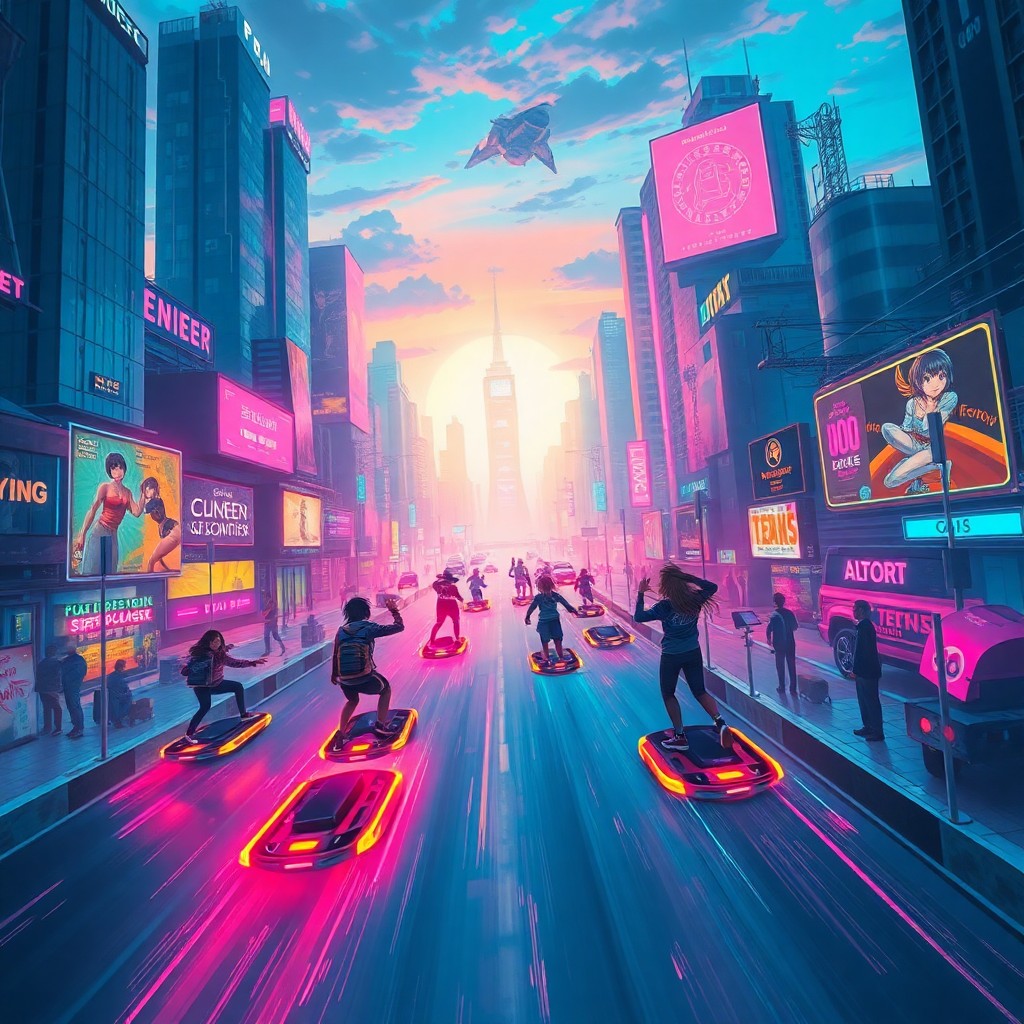 AI generated art for prompt: Imagine a lively digital painting capturing the exhilarating spirit of an anime-inspired hoverboard 