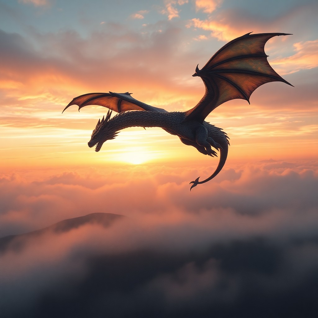 AI generated art for prompt: A majestic dragon soars through an expansive, misty landscape at sunset in a style reminiscent of ri