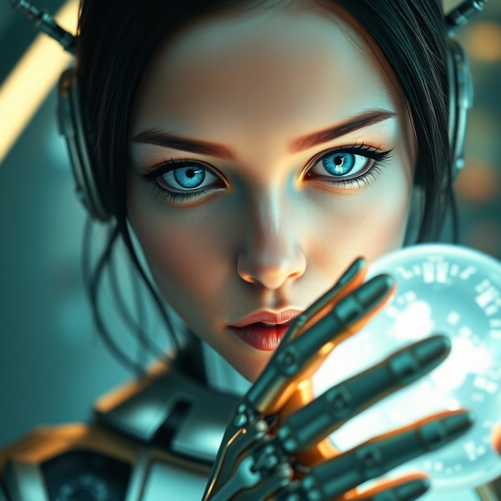 AI generated art for prompt: A futuristic digital art portrait showcases a young cyborg woman with smooth metallic skin juxtapose