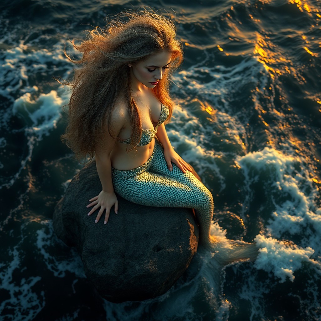 AI generated art for prompt: A striking portrait depicting a mesmerizing mermaid with flowing, iridescent hair, perched on a weat