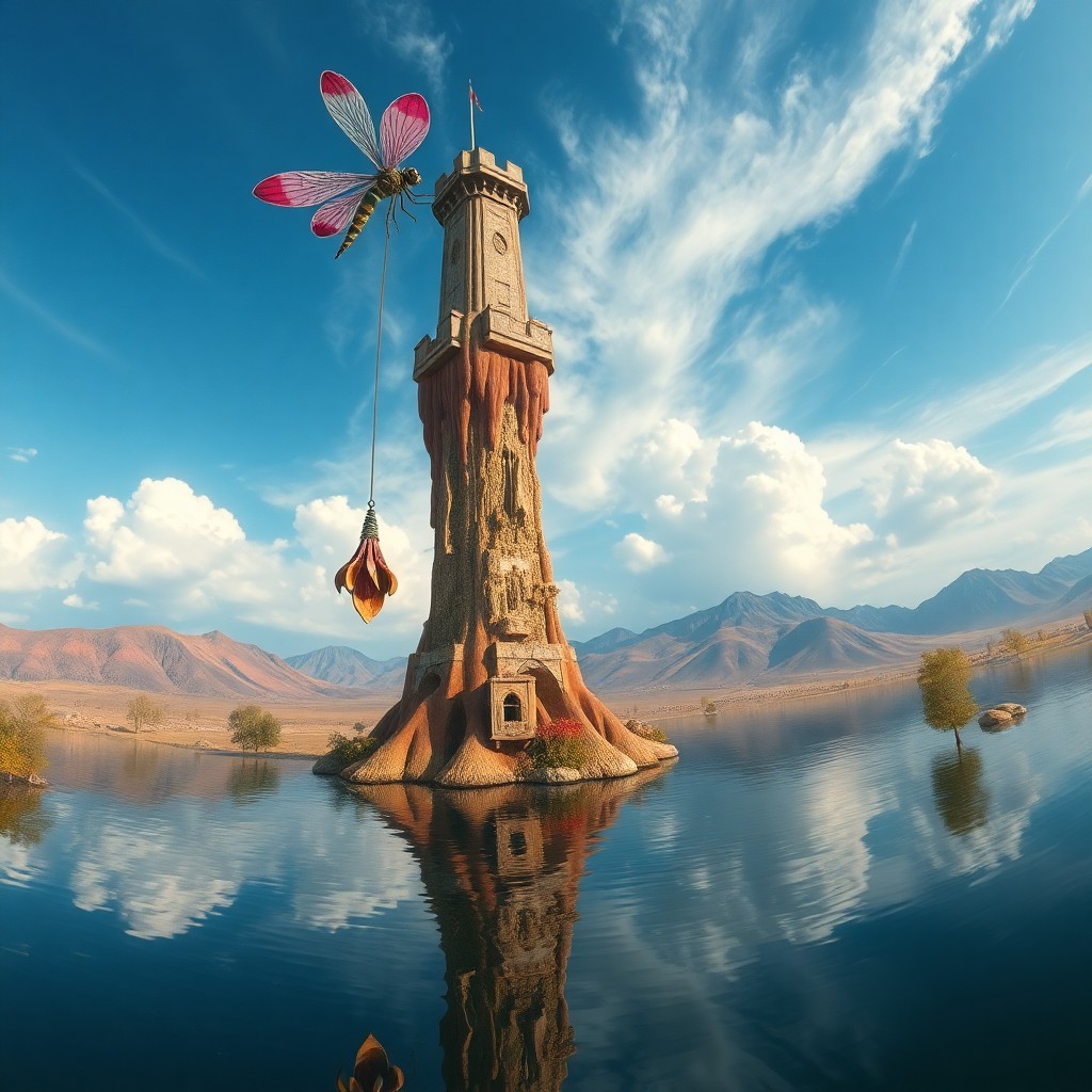 AI generated art for prompt: Imagine a surreal landscape featuring a towering tower with melting features, its pendulum resemblin