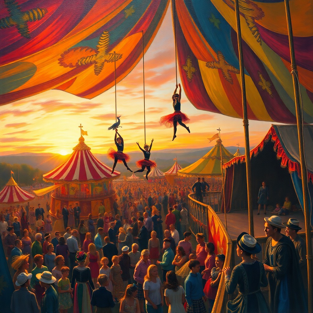 AI generated art for prompt: Imagine an enchanting oil painting depicting a whimsical carnival at dusk, with vivid colors evoking