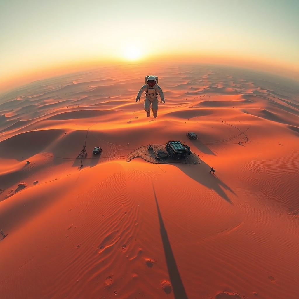 AI generated art for prompt: A surreal dreamlike landscape captures a lone astronaut floating in zero gravity amidst a vast, barr