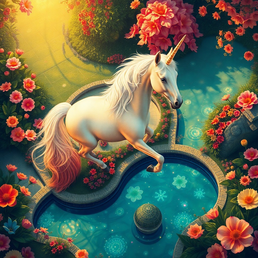 AI generated art for prompt: Imagine an enchanting landscape reminiscent of Alphonse Mucha's aesthetic, where a majestic unicorn 