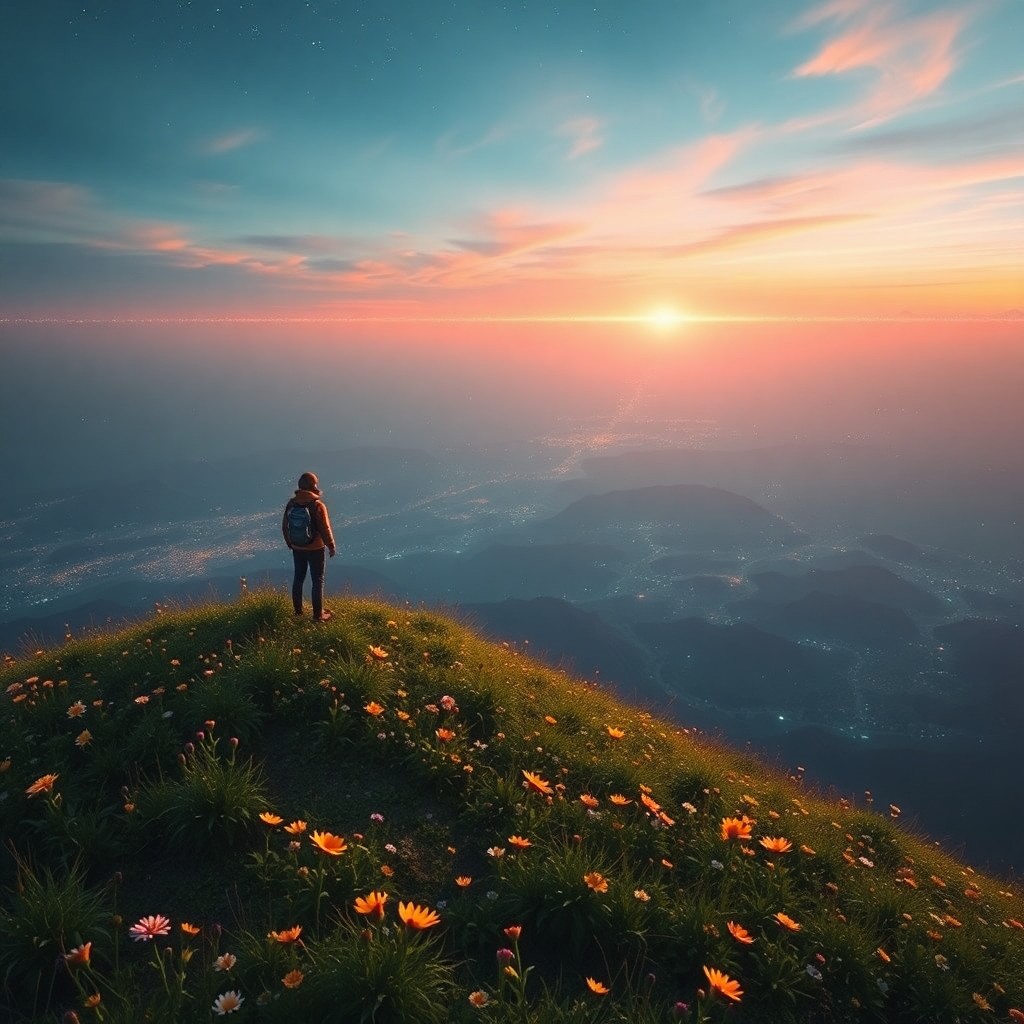 AI generated art for prompt: A mesmerizing digital artwork depicting a solitary figure atop a hill adorned with lush wildflowers,