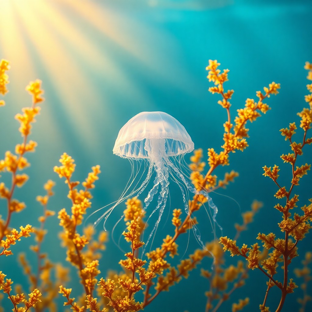 AI generated art for prompt: A digital artwork depicting an underwater scene with a focus on a delicate, translucent jellyfish gr