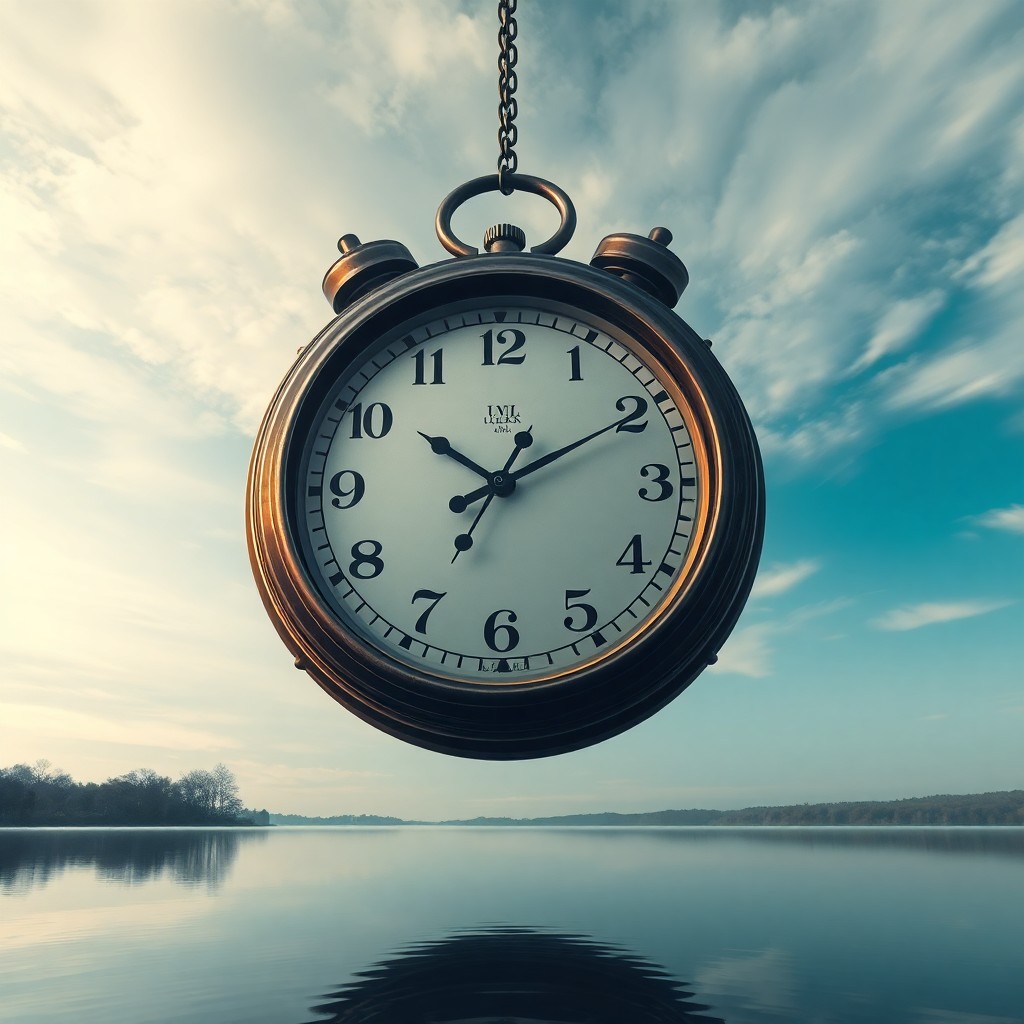 AI generated art for prompt: A surreal digital artwork portraying an enormous clock suspended above a serene lake, as seen from a