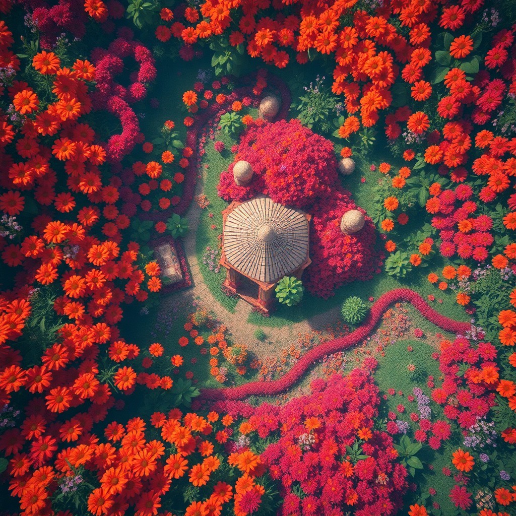 AI generated art for prompt: A surreal digital artwork depicting an aerial view of a vibrant garden overgrown with flowers in a v