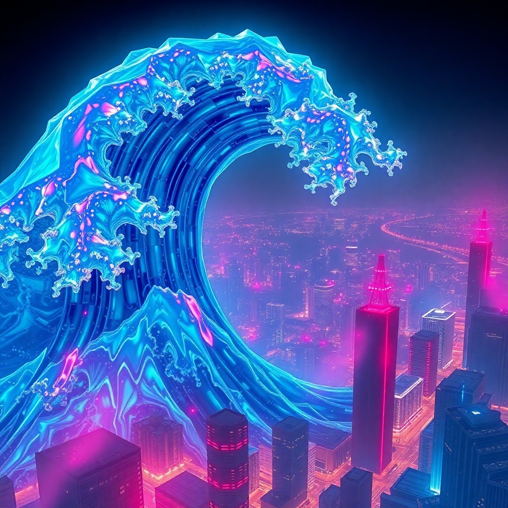 AI generated art for prompt: A stunning digital artwork depicting an immense, radiant crystal wave reminiscent of Hokusai's "The 