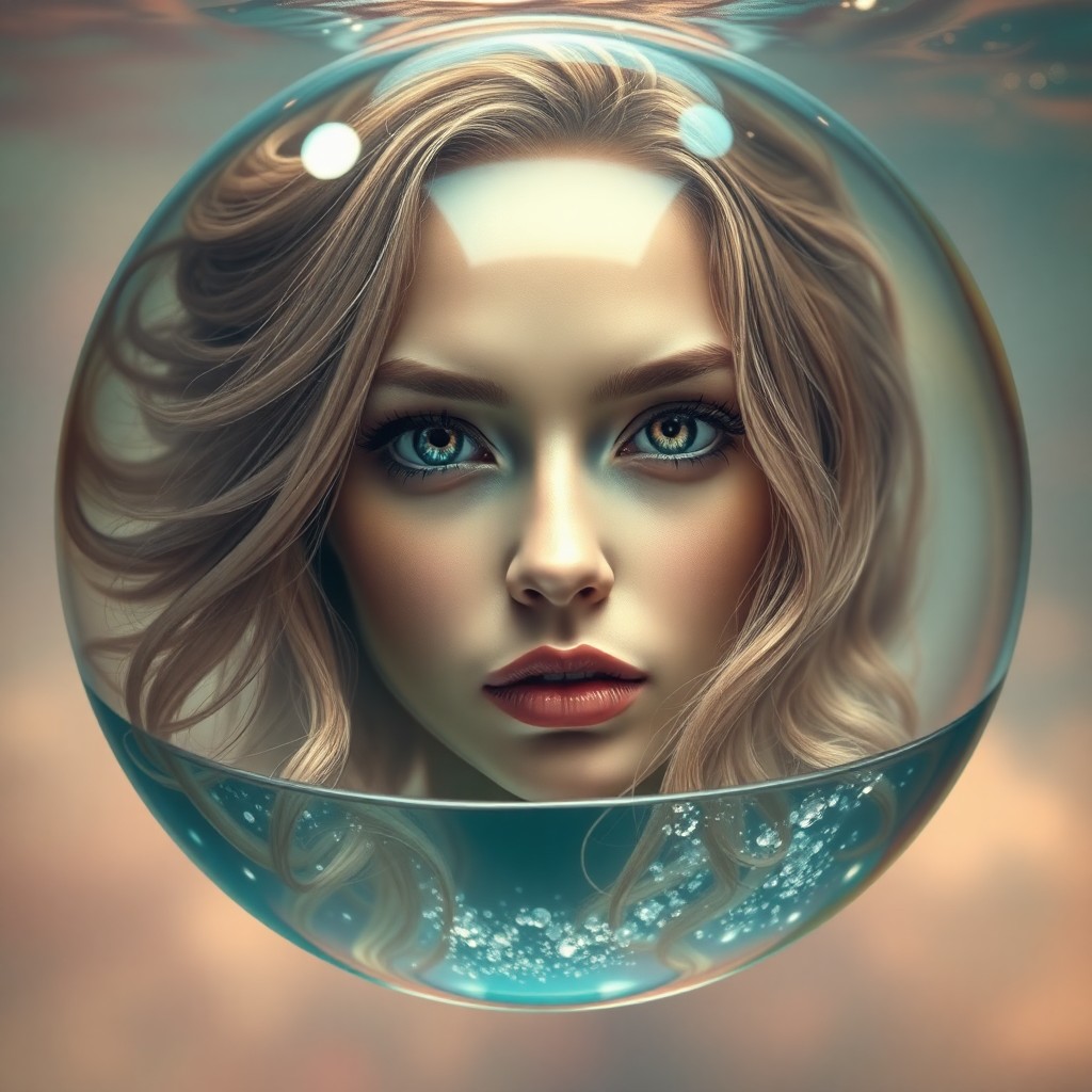 AI generated art for prompt: An enigmatic portrait in a dreamlike underwater setting, featuring a captivating woman with delicate