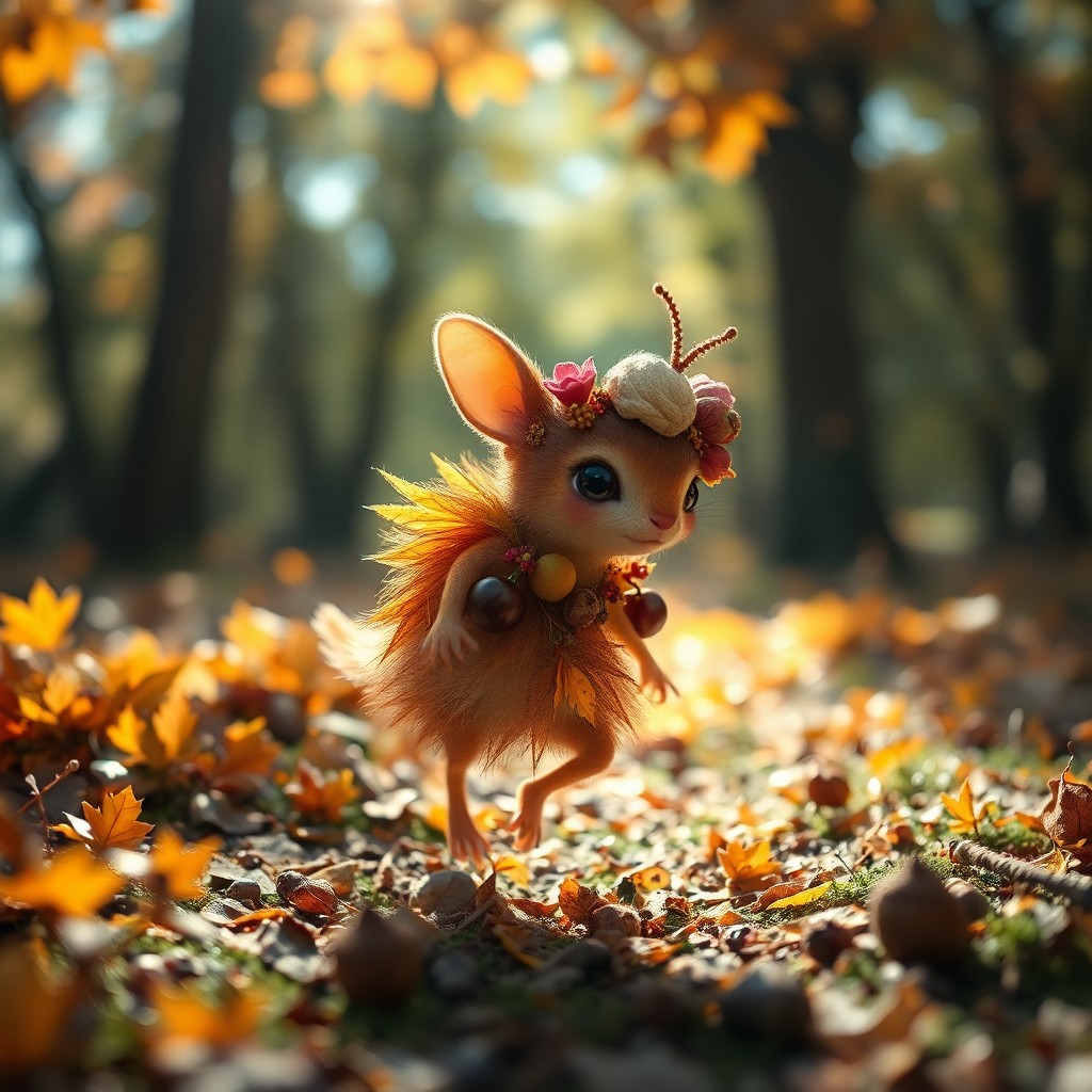 AI generated art for prompt: In the whimsical realm of an autumnal fantasy glade, a tiny creature adorned in a vibrant tapestry o