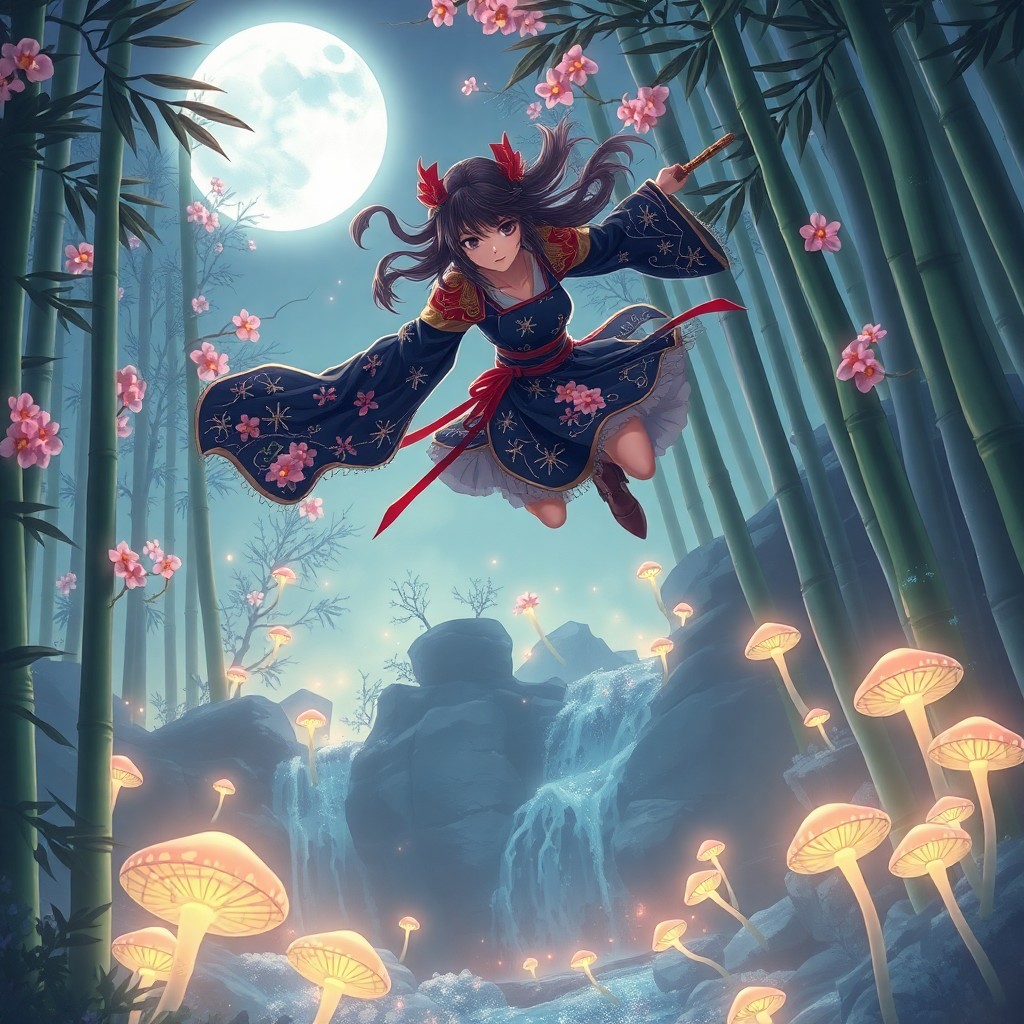 AI generated art for prompt: A digital artwork fusing anime with Art Nouveau aesthetics depicts an alluring female ninja traversi