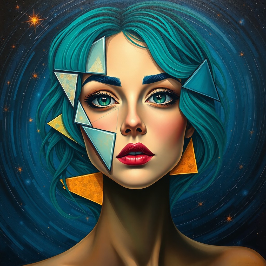 AI generated art for prompt: A captivating blend of Cubism and Surrealism, this imaginative portrait showcases a woman with vibra