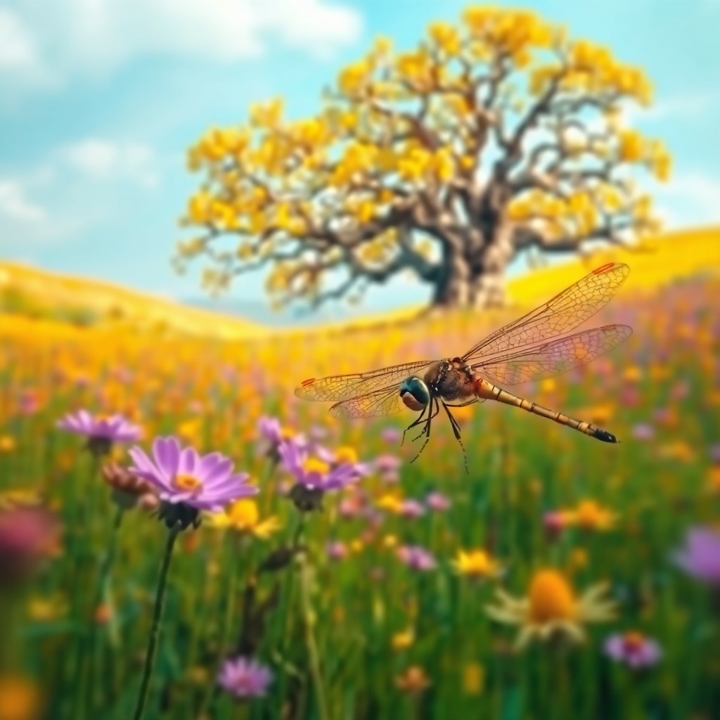 AI generated art for prompt: Envision an enchanting landscape viewed through the eyes of a dragonfly, where vibrant wildflowers i