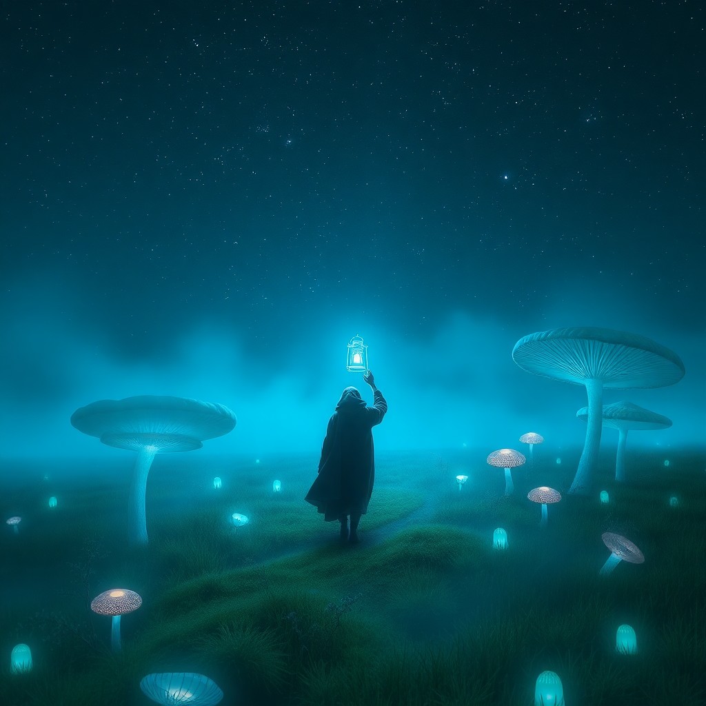 AI generated art for prompt: A captivating digital piece portraying an enigmatic figure traversing a dreamlike landscape under a 