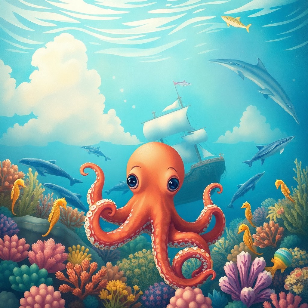 AI generated art for prompt: Envision an idyllic underwater tableau reminiscent of a bygone era's children's book illustrations, 