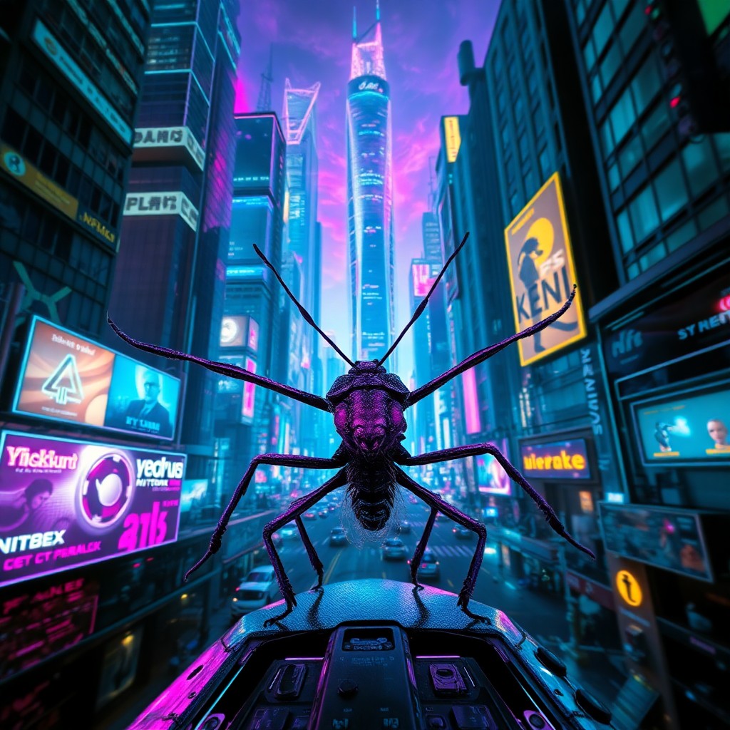 AI generated art for prompt: A surreal cyberpunk cityscape is depicted from an insectoid creature's perspective, showcasing a fus