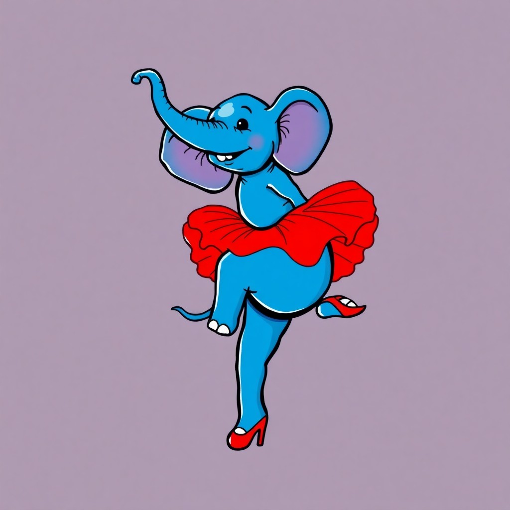 AI generated art for prompt: A whimsical portrait depicting a vibrant blue elephant gracefully balancing on one leg with its trun