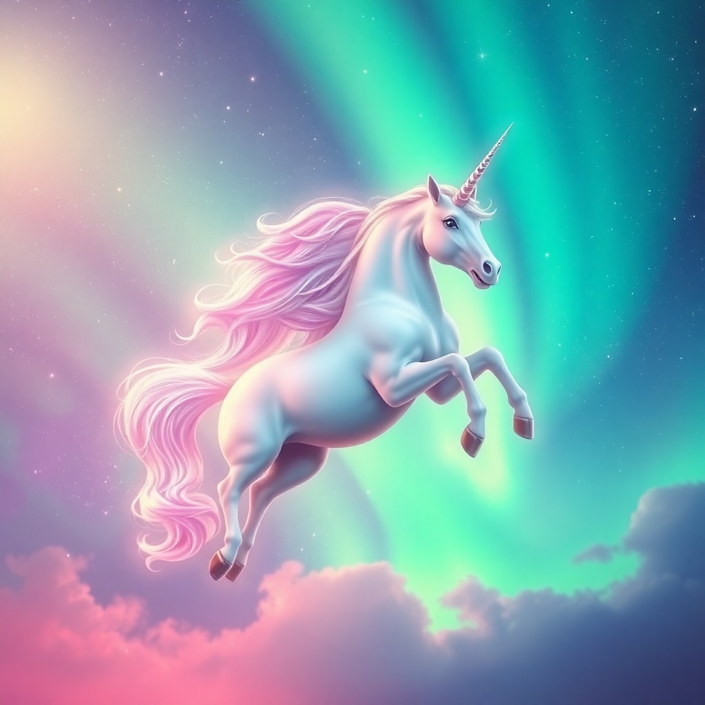 AI generated art for prompt: A mesmerizing digital artwork depicts a regal unicorn elegantly gliding amidst an enchanting aurora 