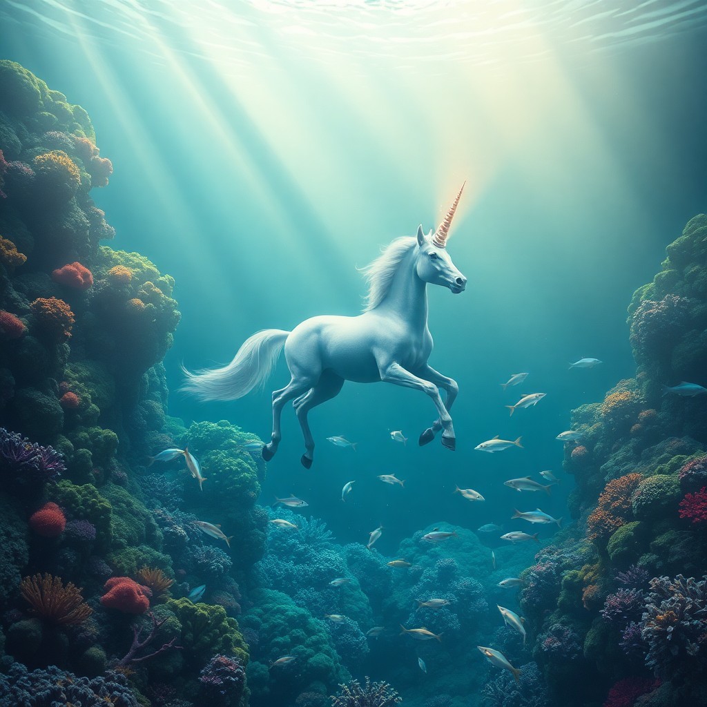 AI generated art for prompt: Visualize an enchanting underwater landscape reminiscent of surrealism's whimsical essence. The back