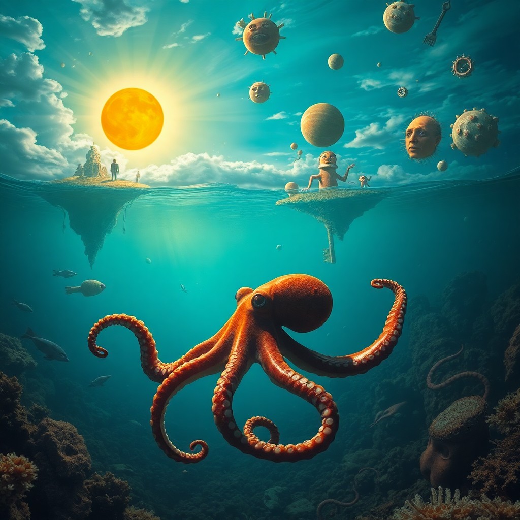 AI generated art for prompt: In a dreamlike and surreal underwater scene reminiscent of Dali's imaginative landscapes, an octopus