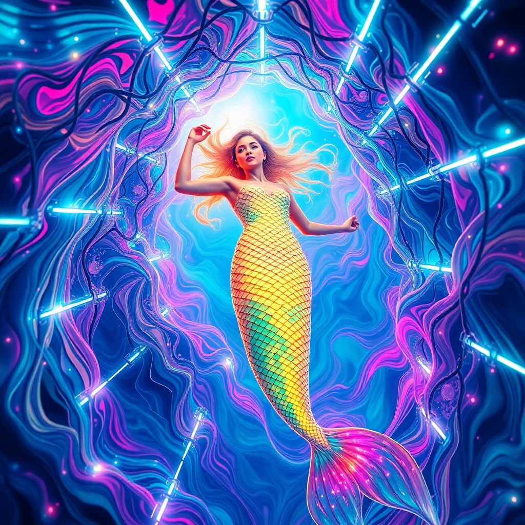 AI generated art for prompt: A captivating digital art portrait depicts an enigmatic mermaid princess elegantly surfacing from a 