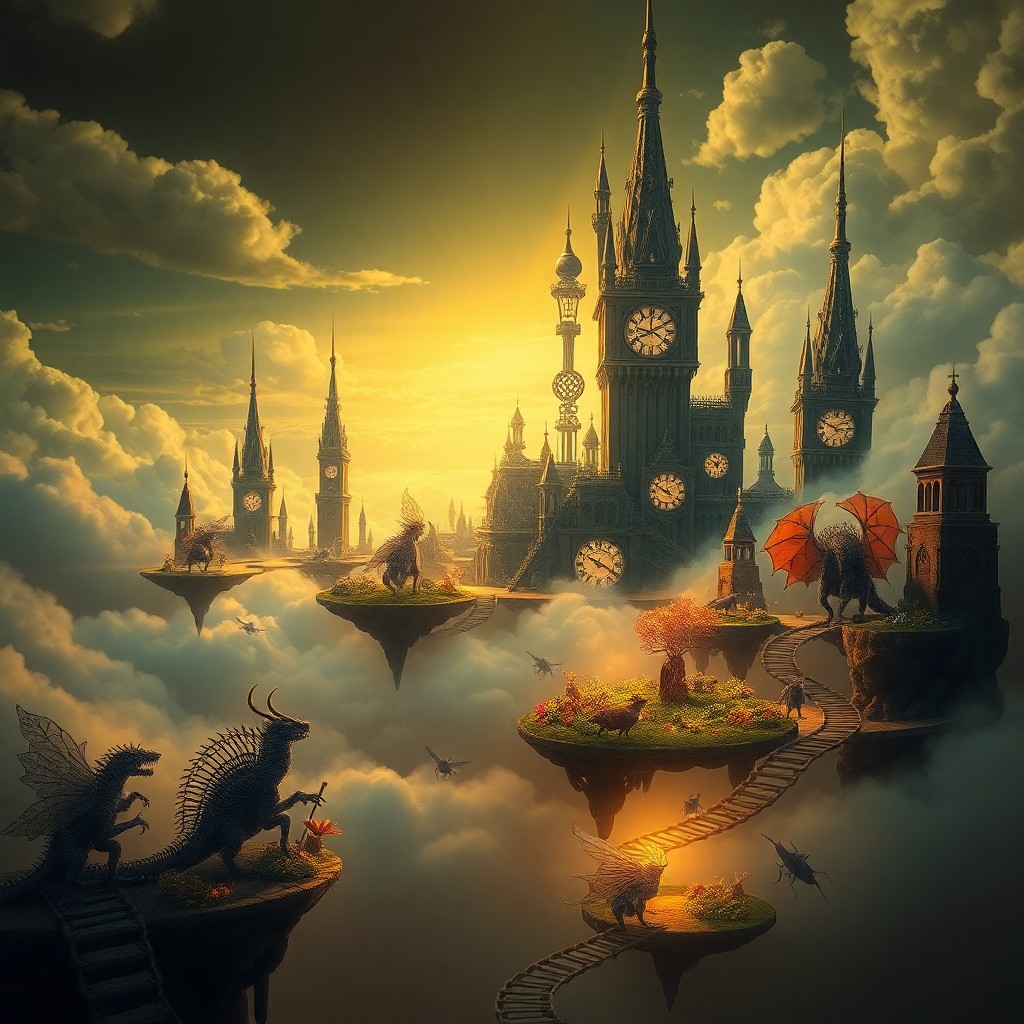 AI generated art for prompt: A surreal digital artwork depicting an enigmatic cityscape floating amidst clouds, its towering spir