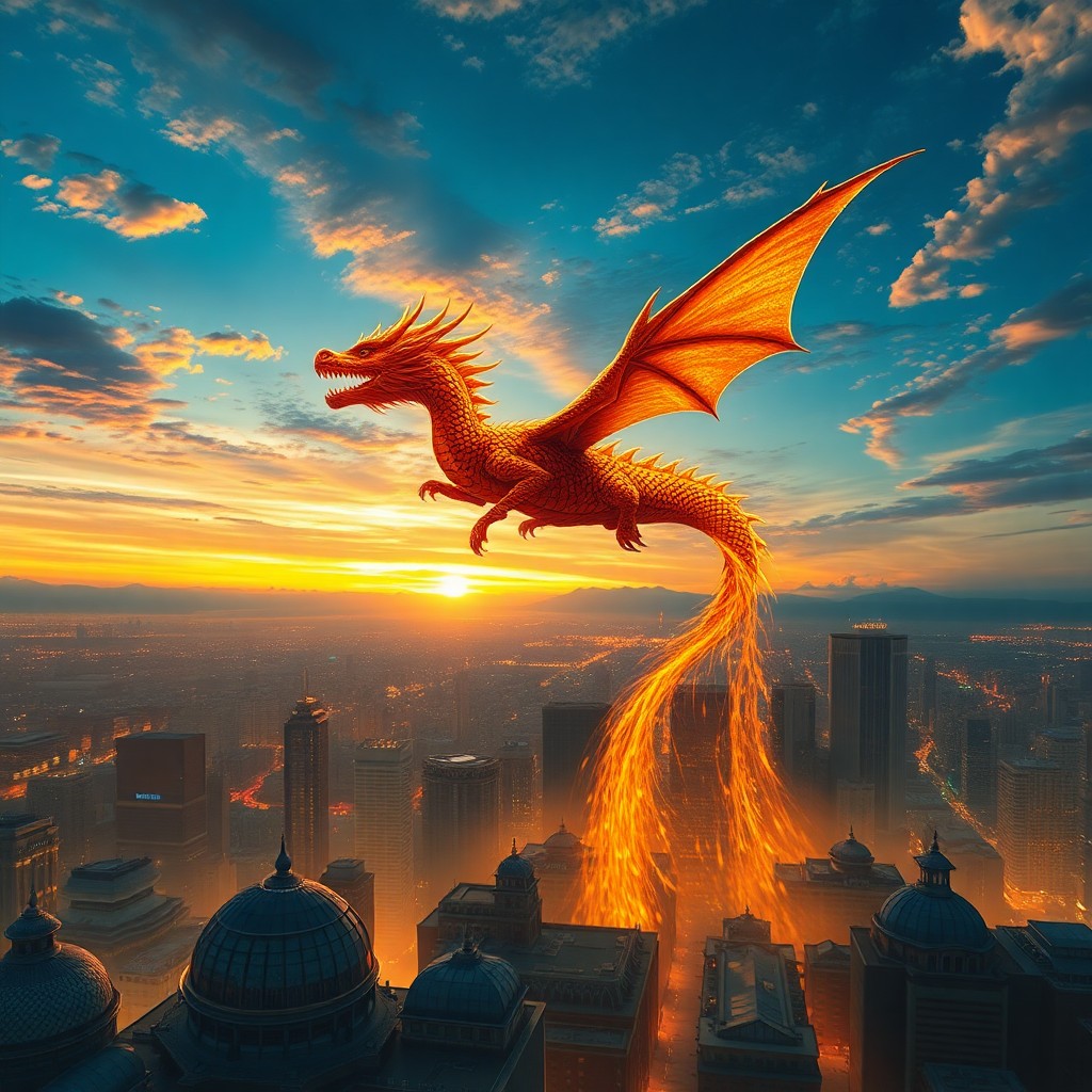 AI generated art for prompt: A surreal dream landscape featuring a majestic dragon soaring above a bustling cityscape, where the 