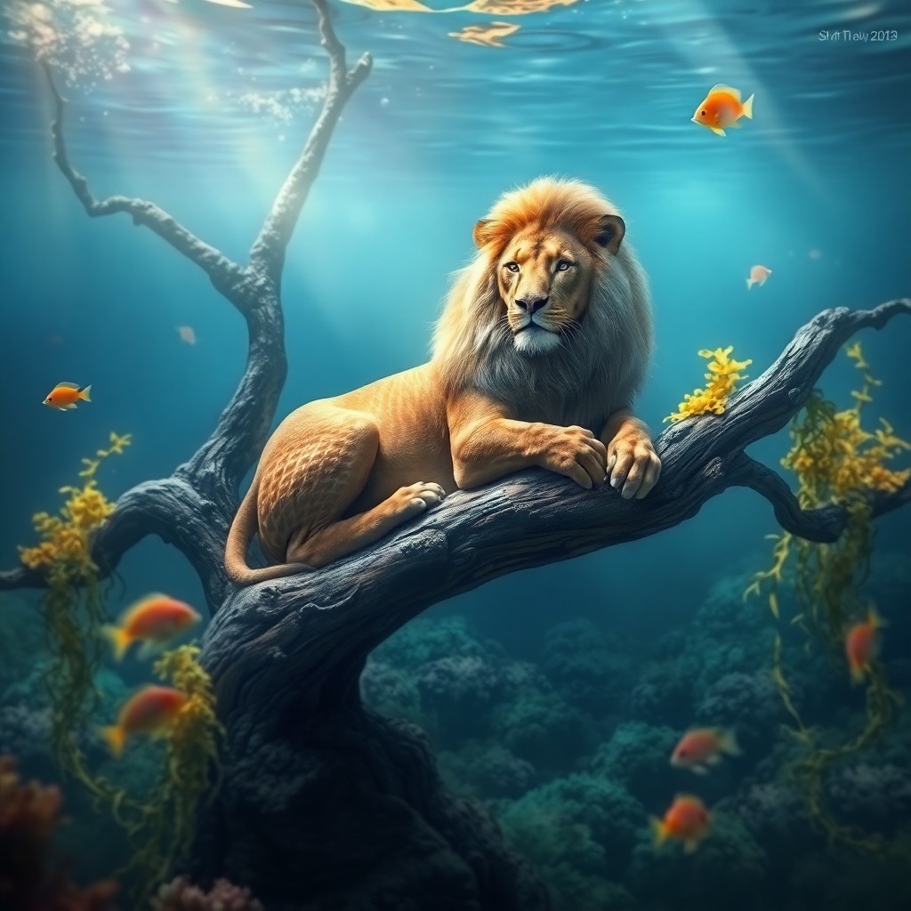 AI generated art for prompt: A fantastical digital artwork showcases an awe-inspiring lion with shimmering scales, resting gracef