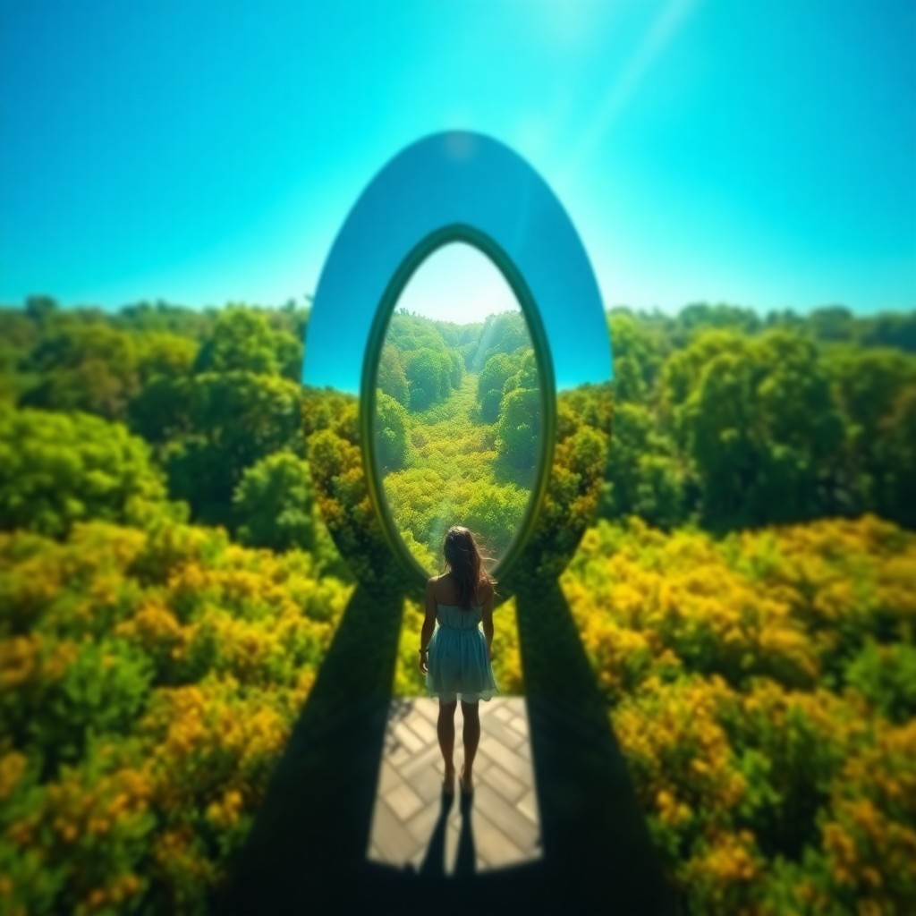 AI generated art for prompt: An imaginative digital artwork depicting a woman standing in front of an enigmatic mirror-like porta