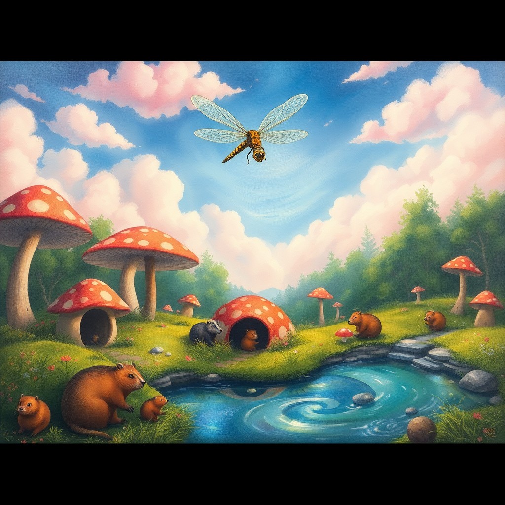 AI generated art for prompt: A whimsical landscape painting depicting an enchanting mushroom forest beneath a sky adorned with pl