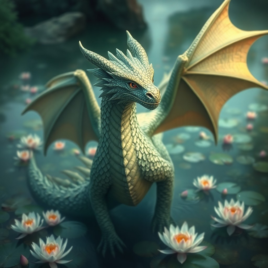 AI generated art for prompt: A captivating digital art portrait portrays an enigmatic mythical creature, a dragon with shimmering