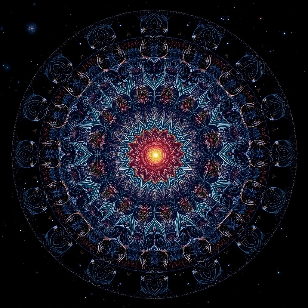 AI generated art for prompt: Visualize an intricate mandala design inspired by the cosmic beauty of astronomical observations, wi