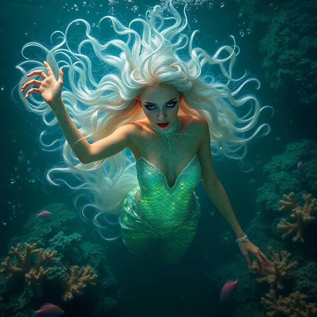 AI generated art for prompt: A captivating portrait of an enigmatic underwater dancer with luminous scales, inspired by the style