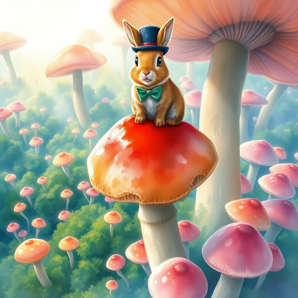 AI generated art for prompt: Envision a whimsical watercolor landscape reminiscent of Beatrix Potter's enchanting illustrations. 