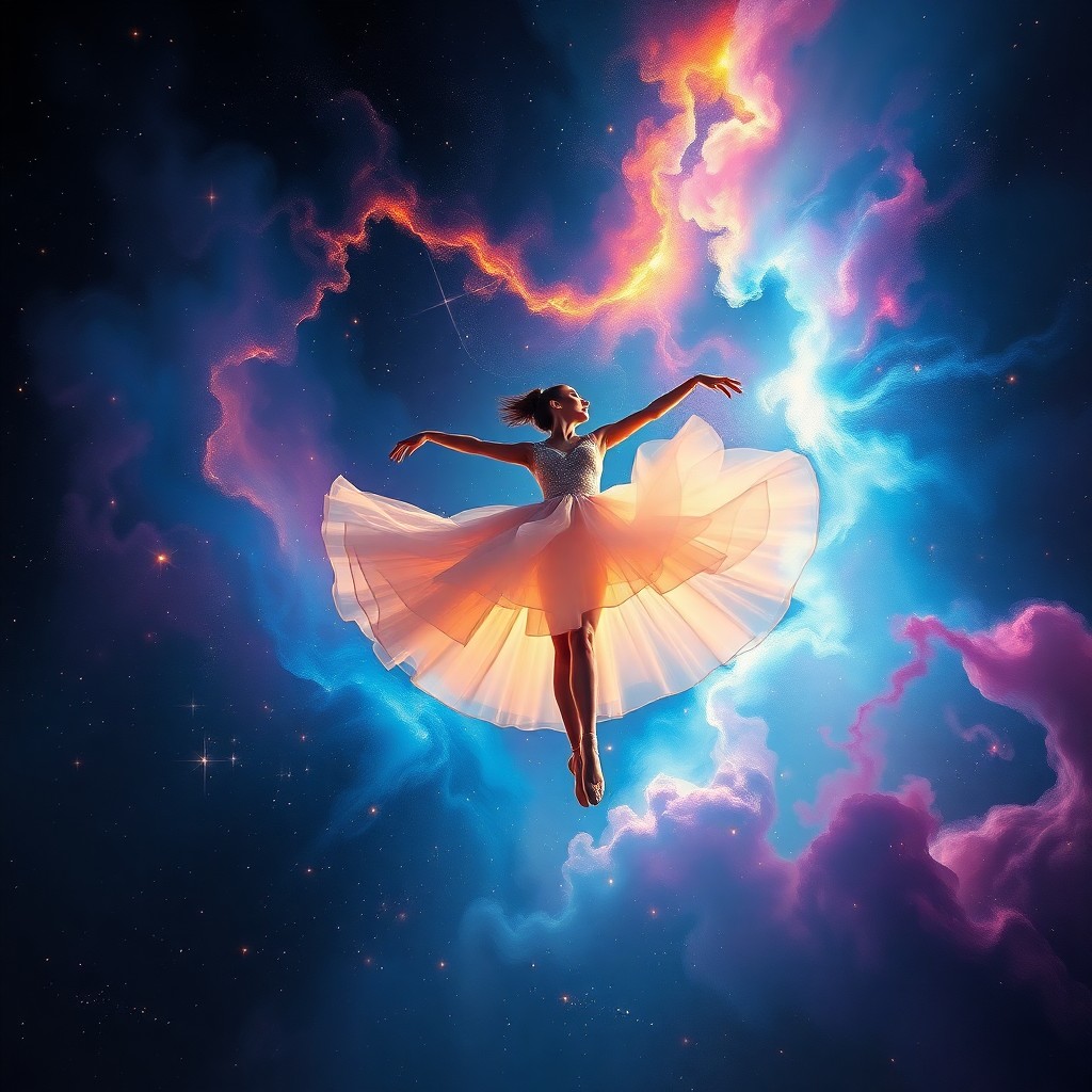 AI generated art for prompt: A celestial ballerina gracefully spins through a mesmerizing nebula, her luminescent skirt dancing i