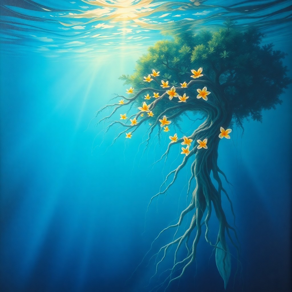 AI generated art for prompt: A dreamy seascape painting depicting an ancient tree emerging majestically from the tranquil depths 